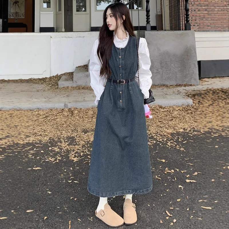 

Vintage Style Dress Two-Piece Set Women Spring And Autumn Hong Style Long Strap Dress White Shirt Suit Dress