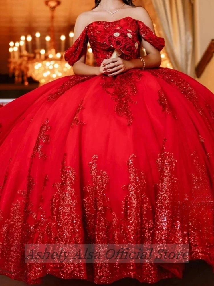 ที่กําหนดเองสีแดง Quinceanera Ball Gown ปิดไหล่ Shinny ผู้หญิงพรหมชุดวันเกิด Vestidos De 15 ปี 16 ปี