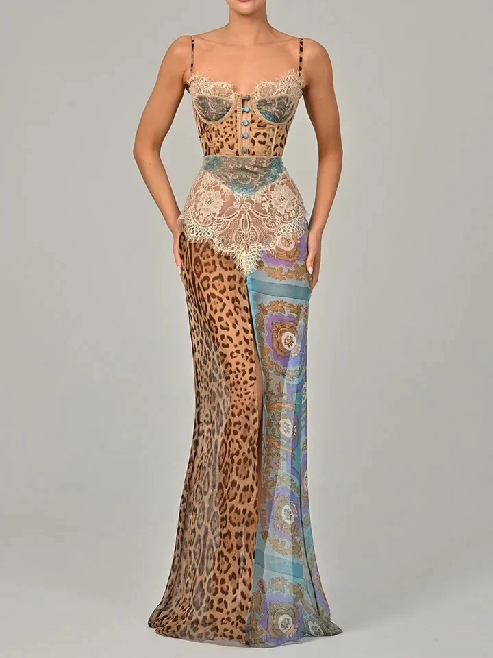 Leopard Print Maxi Dress Lace Split Sexy Women Gown Elegant Patchwork Chiffon Sleeveless Backless Beach Evening Dress