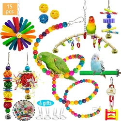 15 Pcs Bird Cage Toys for Parrots Wood Training Swing Suspension Bridge Ball Cage Bells Chewing Climbing Toy  Bird Accessories