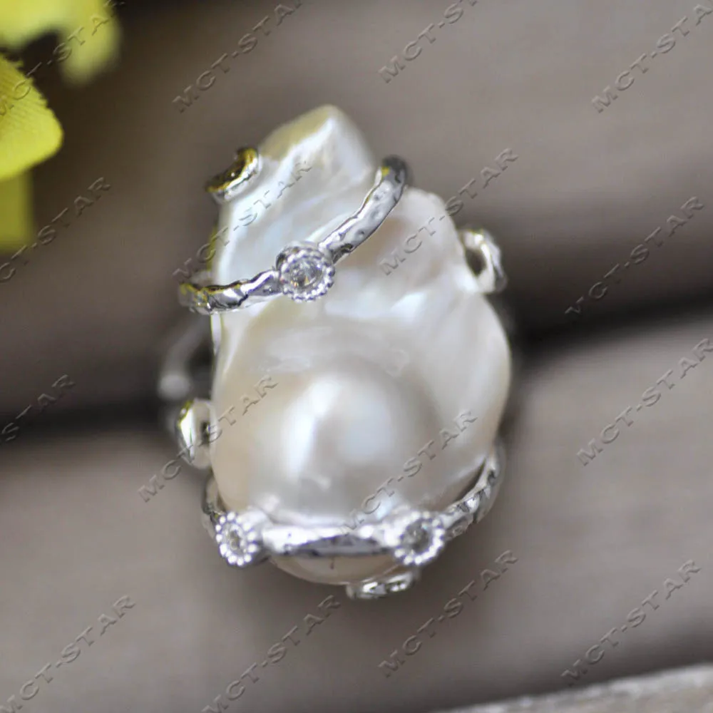 MTC·STAR White Baroque Keshi Reborn Pearl Ring with CZ - Elegant Reimagined Pearl Jewelry (Z14206) view 2