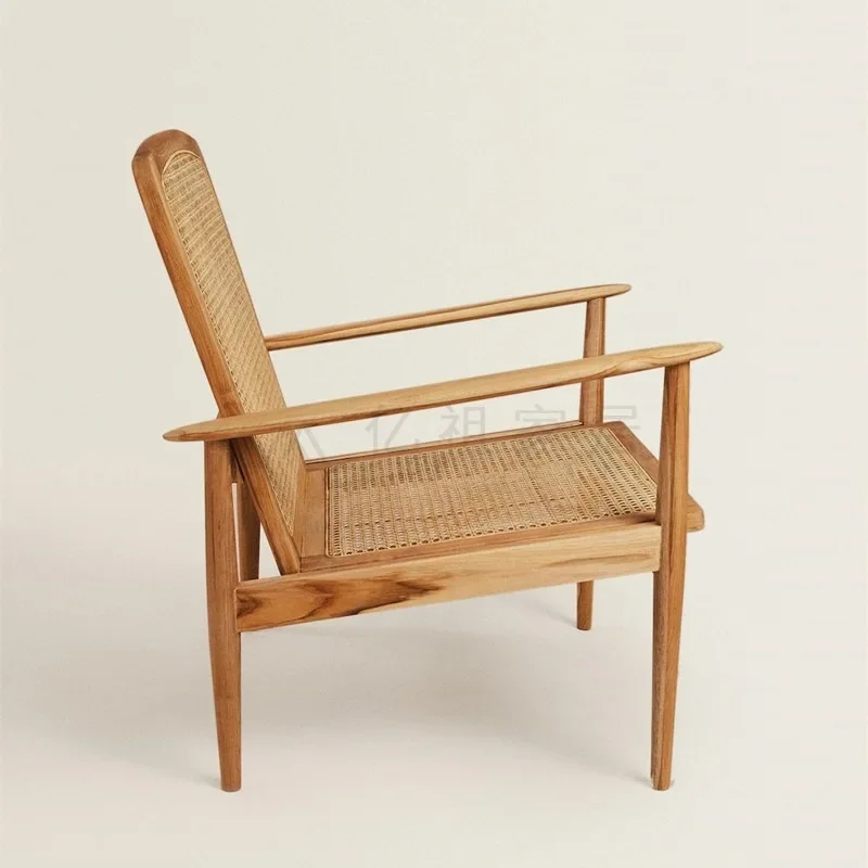 New Chinese minimalist small apartment living room solid wood braided rattan sofa chair B & B tea room rattan chair Nordic moder