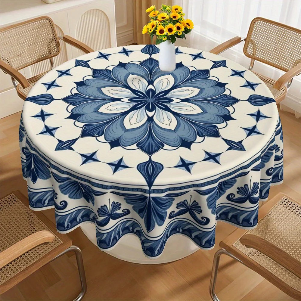 1 tablecloth, Christmas theme, blue and white floral badge pattern, suitable for home kitchens,