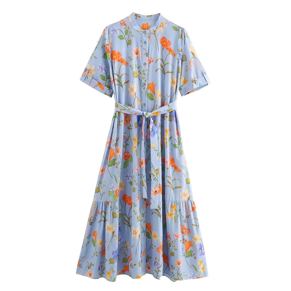 

2024 summer fashion new women's casual and elegant European and American style with belt printed dress