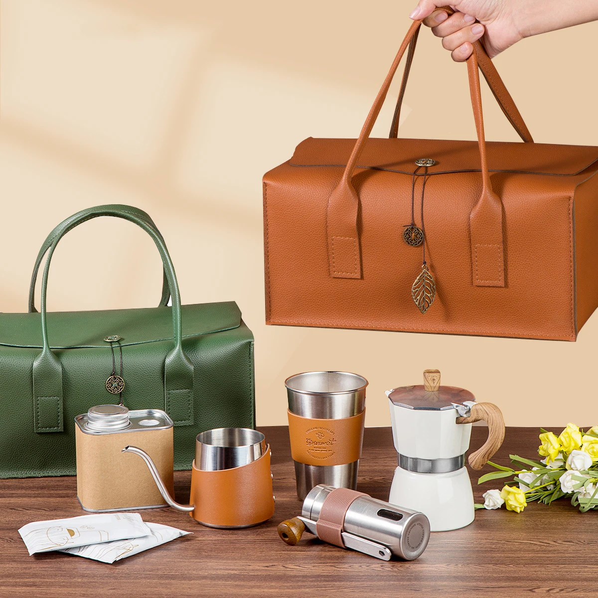 

Portable Tea Coffee Grinder Filter Kettle Travel Moka Pot Set Gift Bag Outdoor Camping Coffee Kit Set