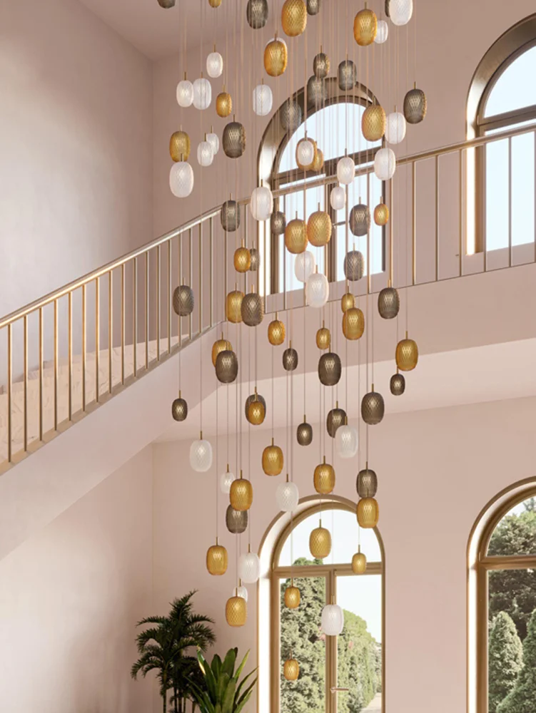 

Nordic Retro Colorful Creative Design LED Glass Chandelier Ceiling Lustre Gold Brass chassis Dome for Staircase Decoration