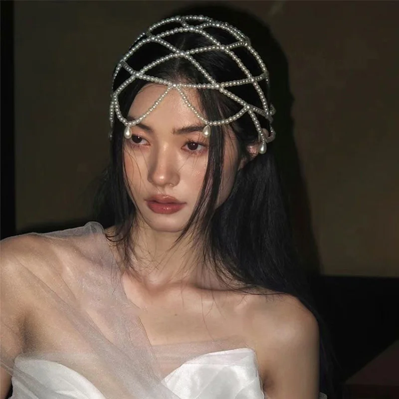 Vintage Bohemian Bride's Imitation Pearl Mesh Hair Accessory Elegant Fashionable Personalized Headwear For Wedding Stage Makeup
