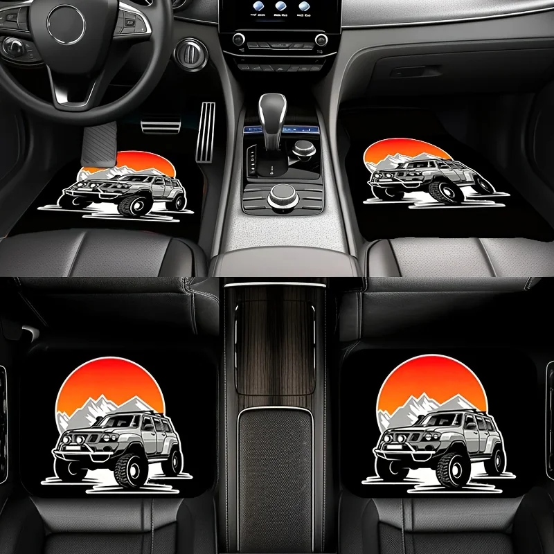 4pcs Retro Trendy Off-Road Jeep Sunset Scenery Car Mats Set, Universal Fit For Cars, Trucks, And SUVs - Perfect Gift For Family