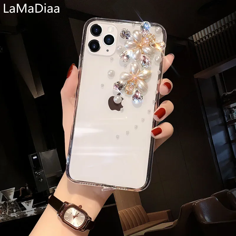 Luxury Clear Bling Flower Crystal Rhinestone Skin Case, Diamond Pearl, Case for iPhone16 15Plus, 14Pro, 12, 11Pro, XR, 8, 7Plus