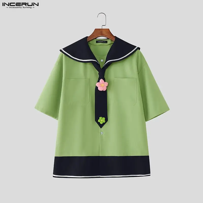 Incerun camisa masculina retalhos gola marinha manga curta solta roupas masculinas com gravata streetwear cor-bloco moda casual masculino topos