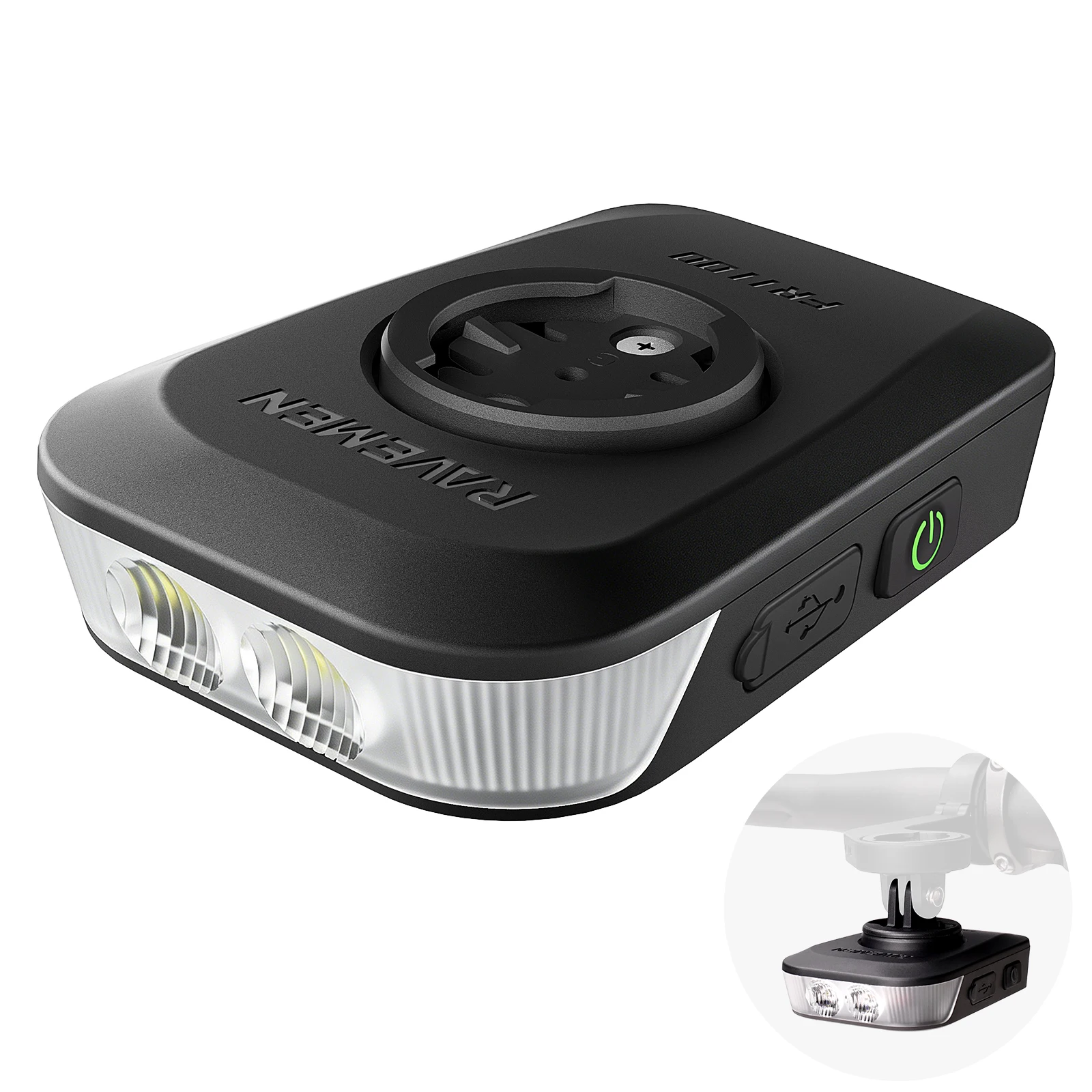 Phare de vélo RAVEMEN FR1100 SE pour Garmin Wahoo Bryton IGPSPORT GPS, lumière avant de vélo rechargeable par USB-C, éclairage de jour, éclairage de nuit, marche/arrêt automatique