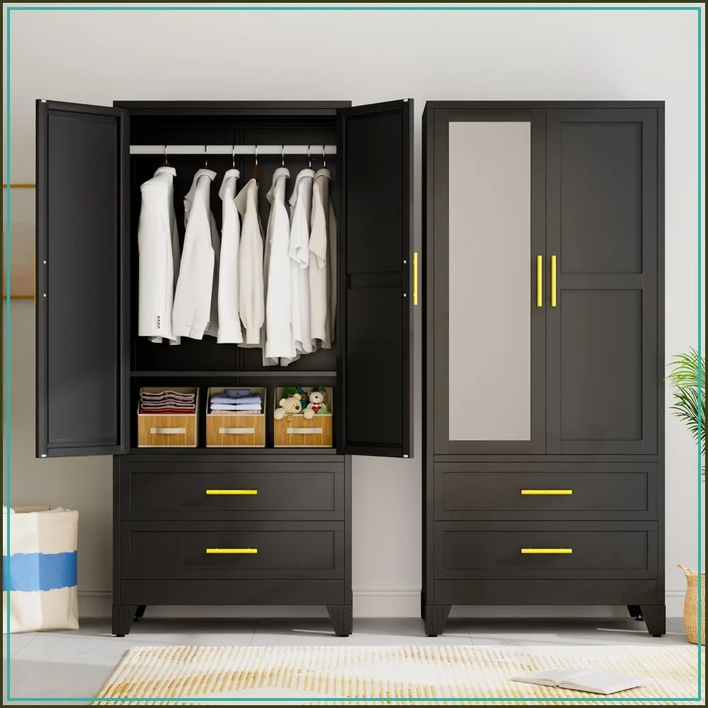 Metal Wardrobe Storage Cabinet with Mirror and Hanging Rod, 71'' Tall, 2 Doors, 2 Shelves, Black