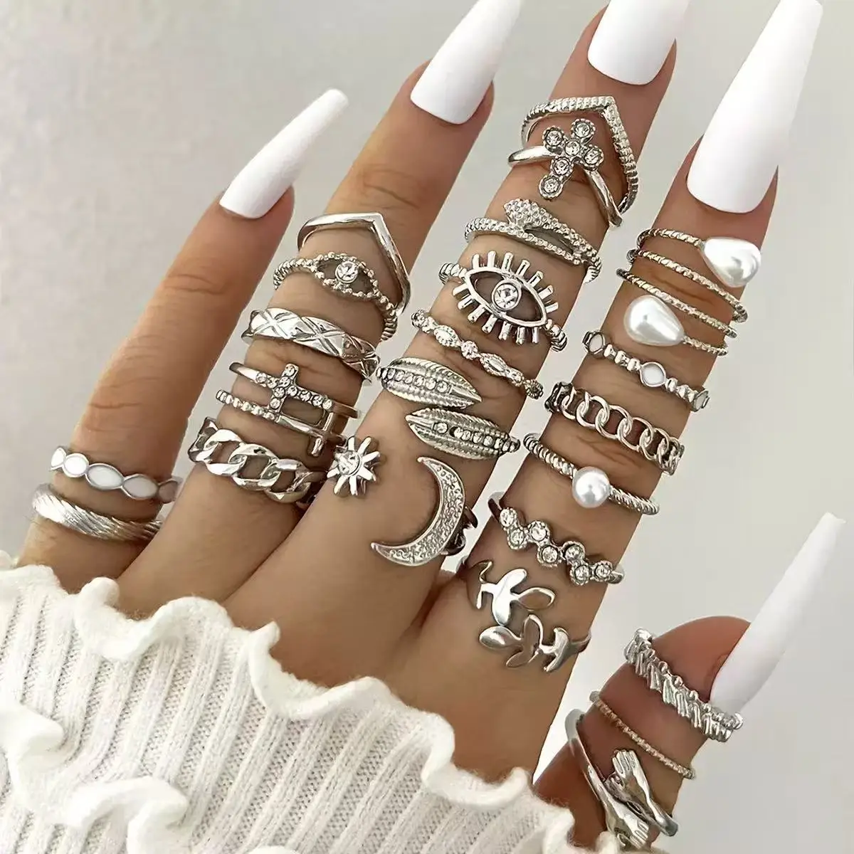 23PCS Fashion Silver Geometric Pearl Cross Women's Ring Set, Sun and Moon Leaf Pendant Rings, Women's Bohemian Party Jewelry
