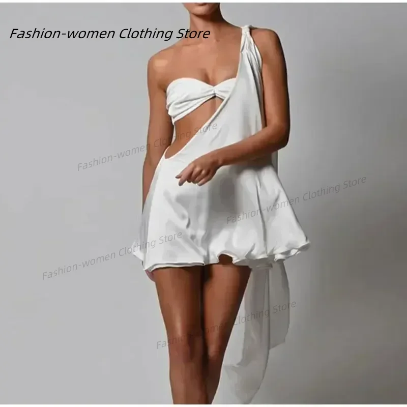 Minivestido ahuecado con hombros descubiertos para mujer, conjunto de 2 fotos, chaleco Sexy de un hombro, Vestidos de satén con espalda descubierta, bata de playa para fiesta y Club 2024