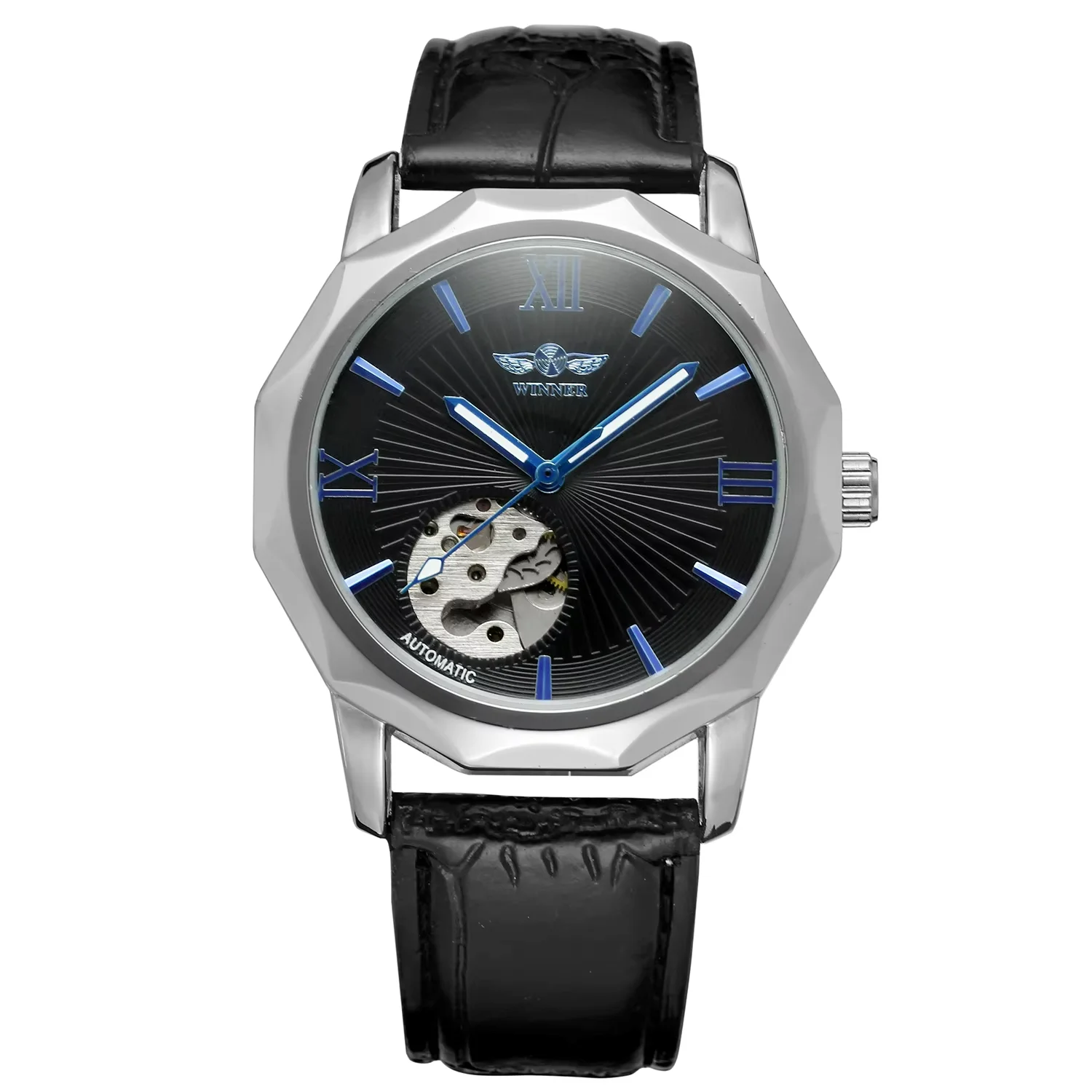T-winner Mechanical Watch Circular hollow-out Blue hand Mechanical Watch Black belt Wrist Watch Men's Watch Black white Watch