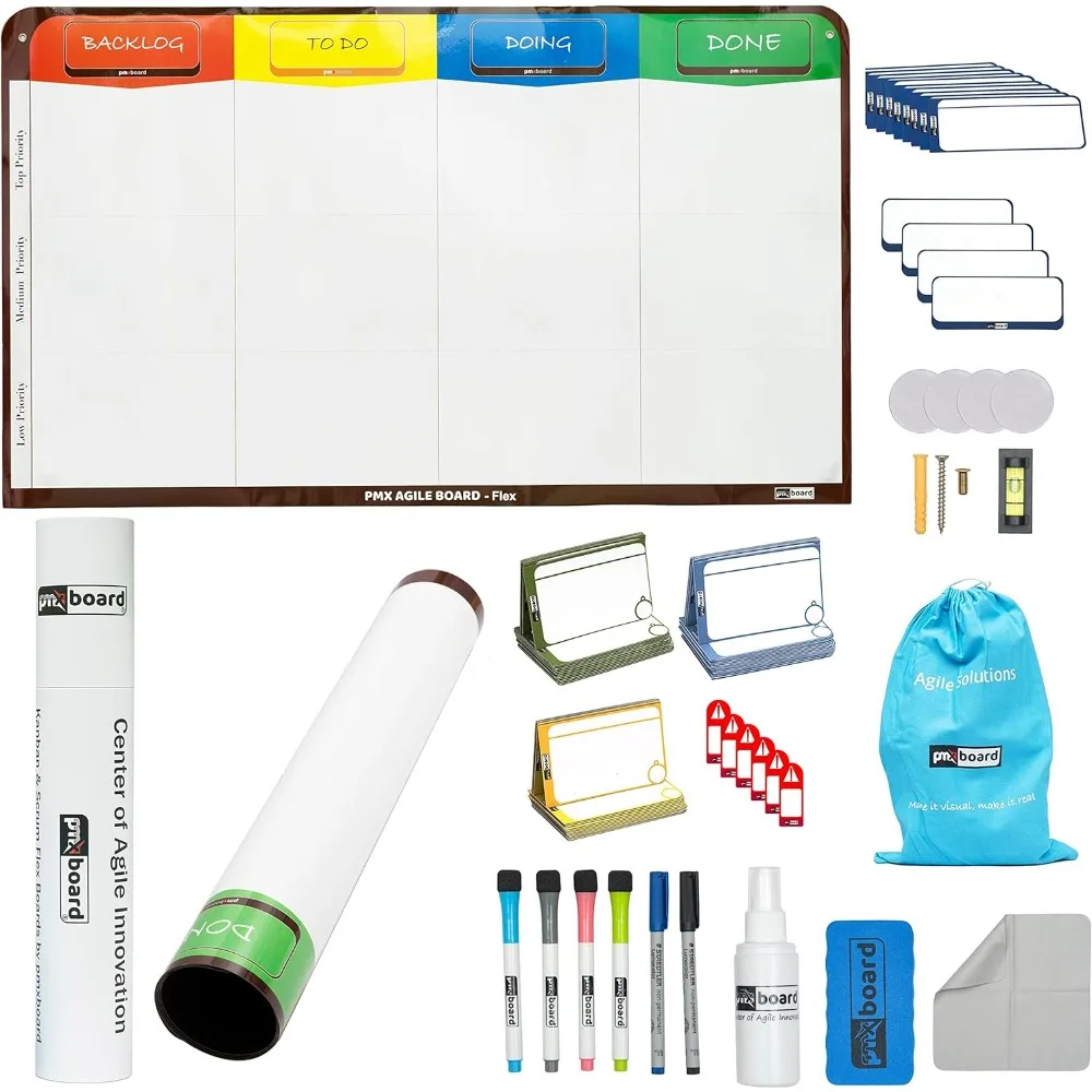 

4 Column Magnetic Kanban Board, Scrum Board Flex Whiteboard Kit, Agile Kit, 64 Magnetic Kanban Cards Kit, Scrum Cards S