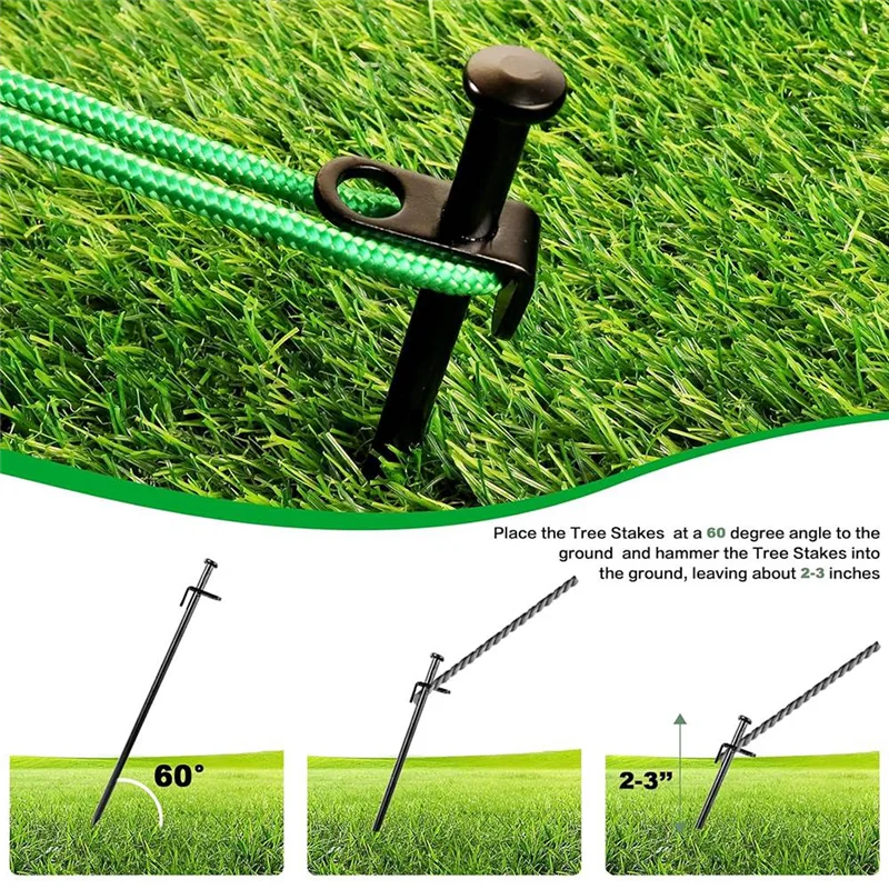 AT21-Heavy Duty Tree Stake Kit- Garden Tree Support System 3Pcs Metal Stakes& 3Pcs Rope Straps For Anchoring