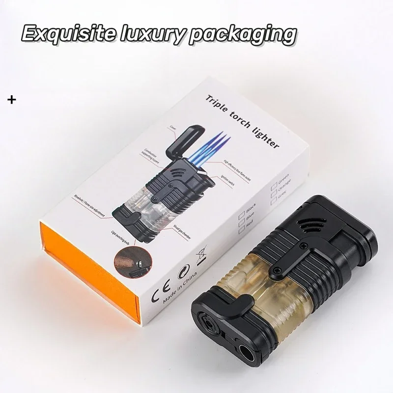 Windproof Three Flame Inflatable Lighter Butane Gas Lighter Outdoor Convenient Igniter with Cigar Knife Men's Gift