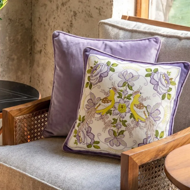 Luxury Purple Velvet Throw Pillow Cover Vintage Floral Bird Print Soft Cushion Cover French Country Decorative Sofa Cushion Case