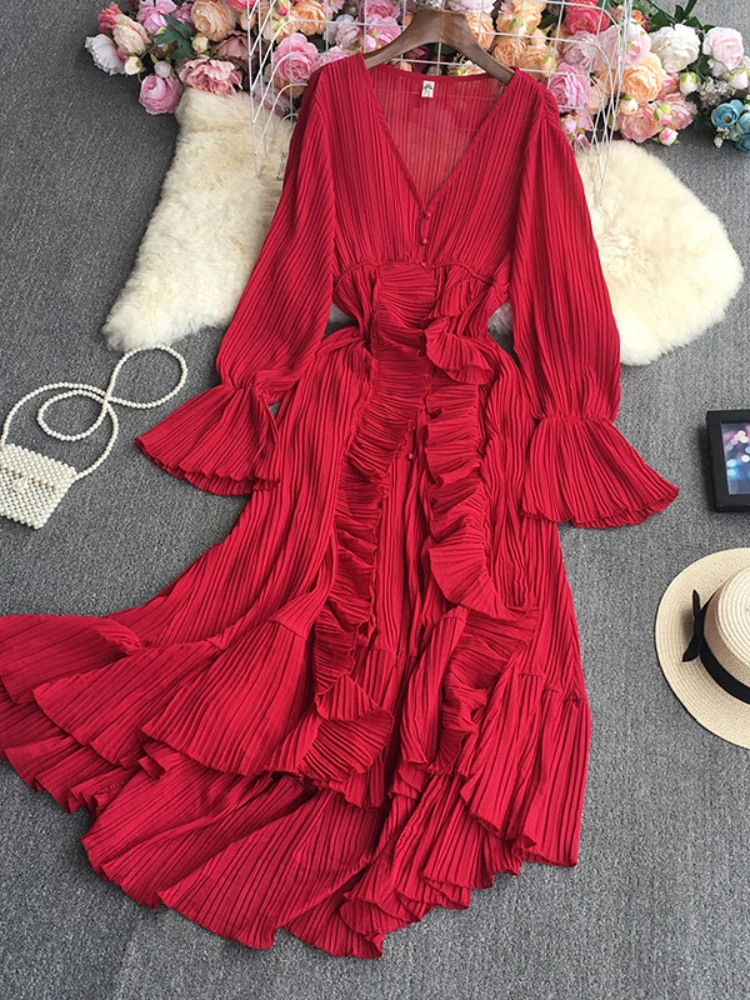 Purple/Brown/Red Chiffon Pleated Long Dress Women Vintage V-Neck Flare Sleeve Draped Ruffle Vestido Female Maxi Robe Spring Fall