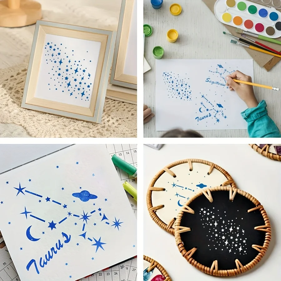 16 pezzi 5,9x5,9 pollici zodiacale costellazione stella stencil set per pittura fai da te journaling parete tessuto in legno modello artistico