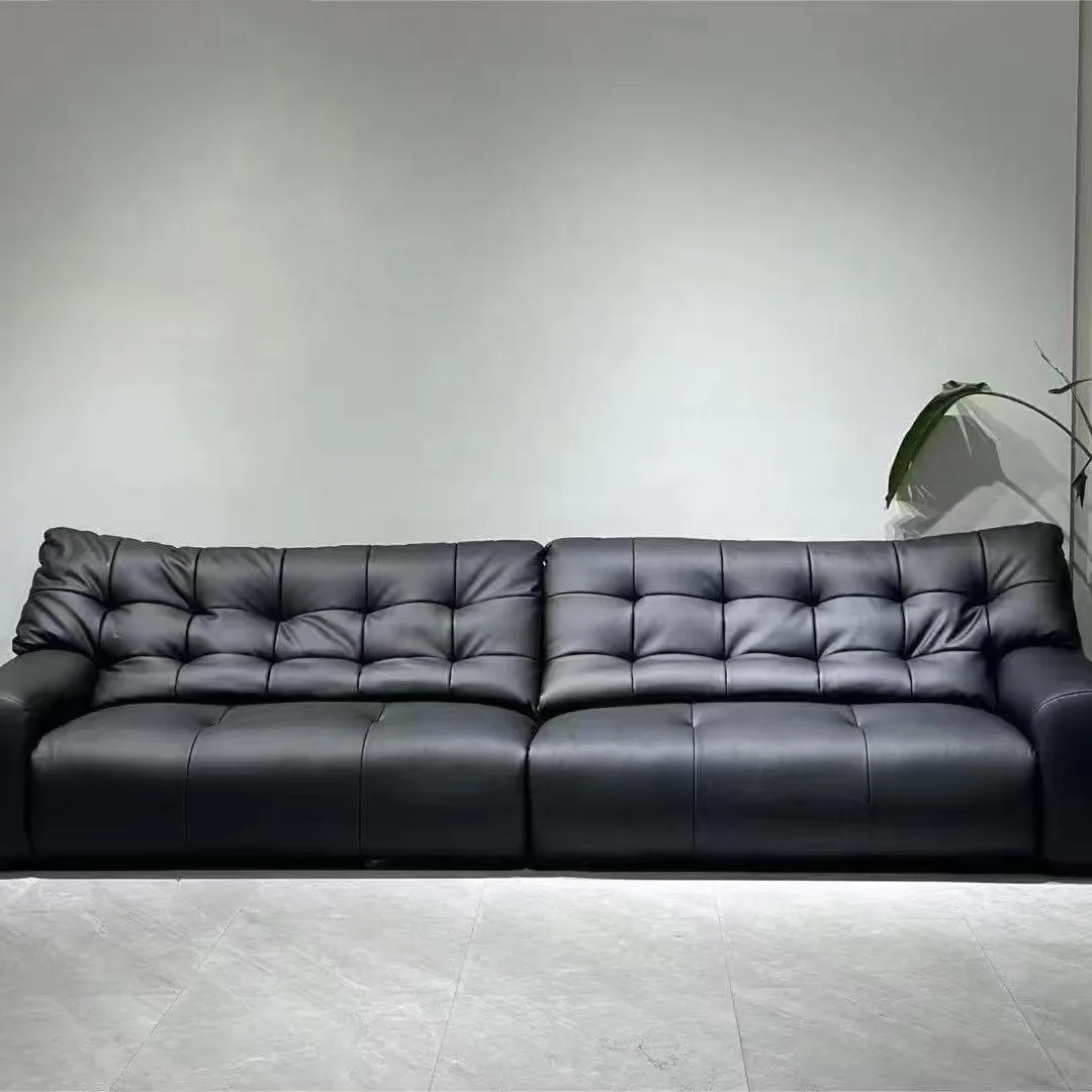 Minimalist Italian big black bear sofa, living room leather sofa, first layer cowhide high backrest