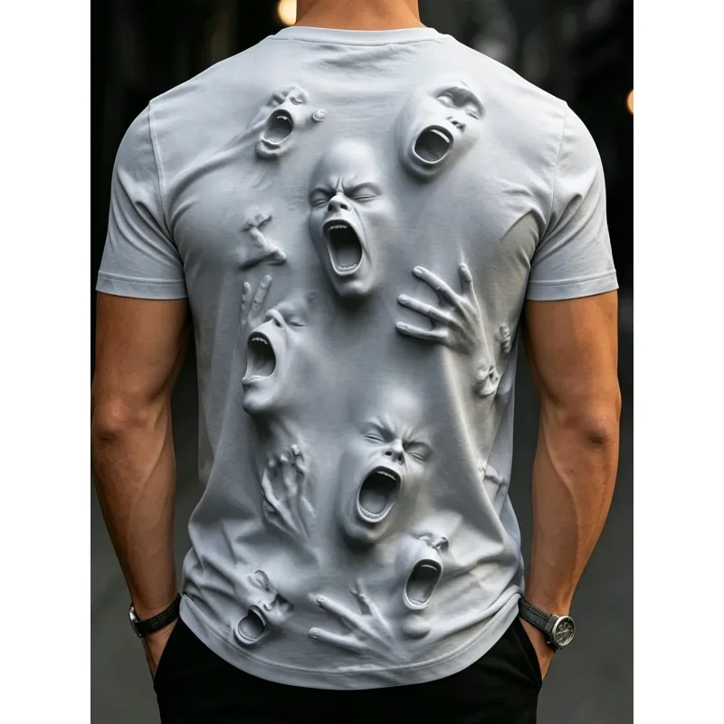 Men's Casual Printed Short-Sleeve T-Shirt with Three-Dimensional Screaming Portrait, Dark Art Style, for Daily Wear