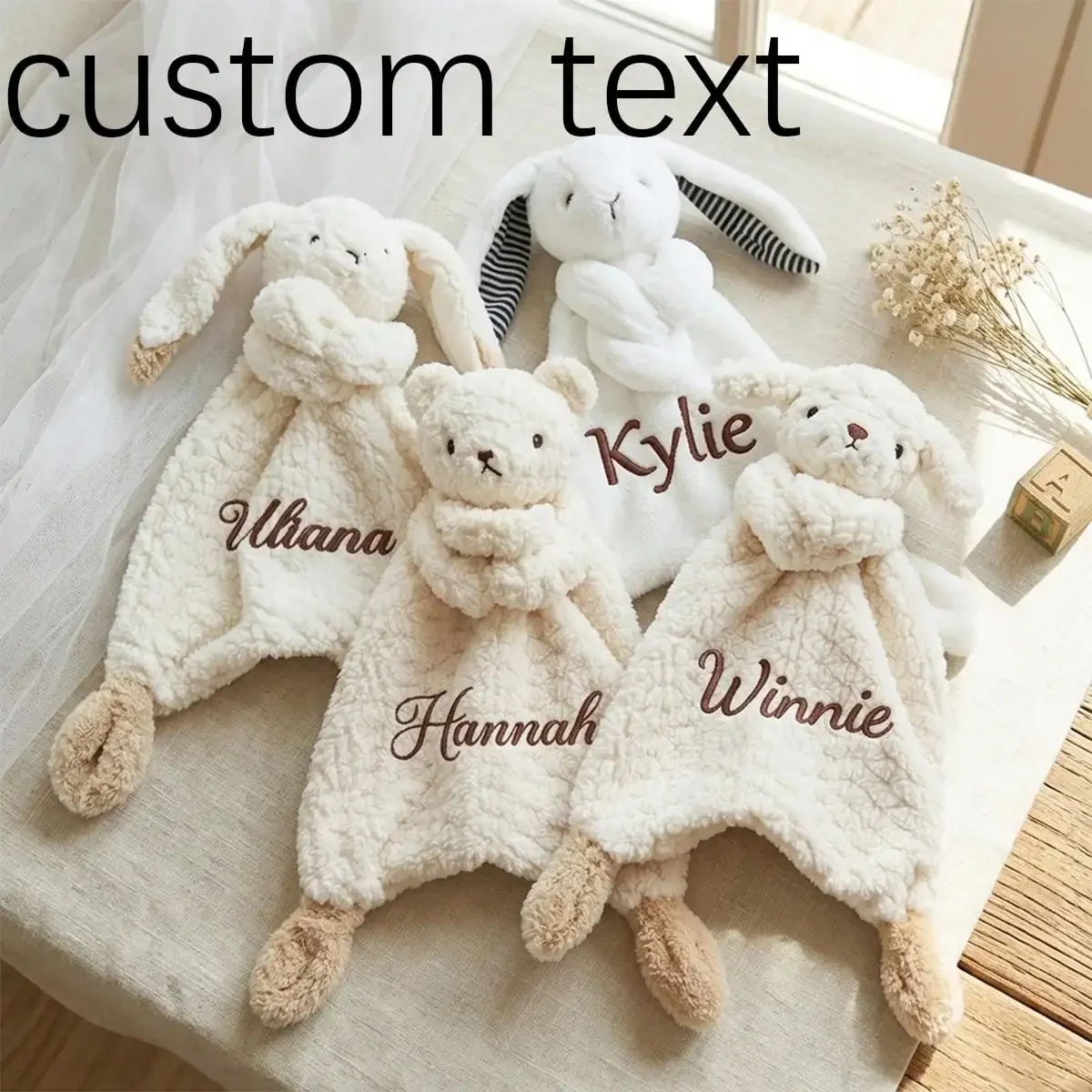 Personalized Baby Rabbit Comfort Blanket Custom Name Plush Animal Lovey Newborn Gift
