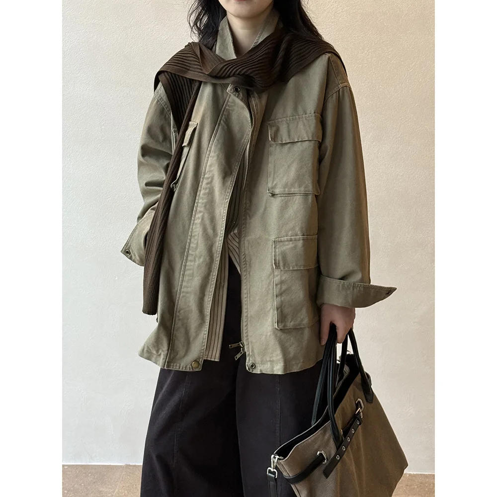 Autumn Women Utility Cargo Jacket Vintage Stand Collar Zipper Loose Casual Pocket Outerwear