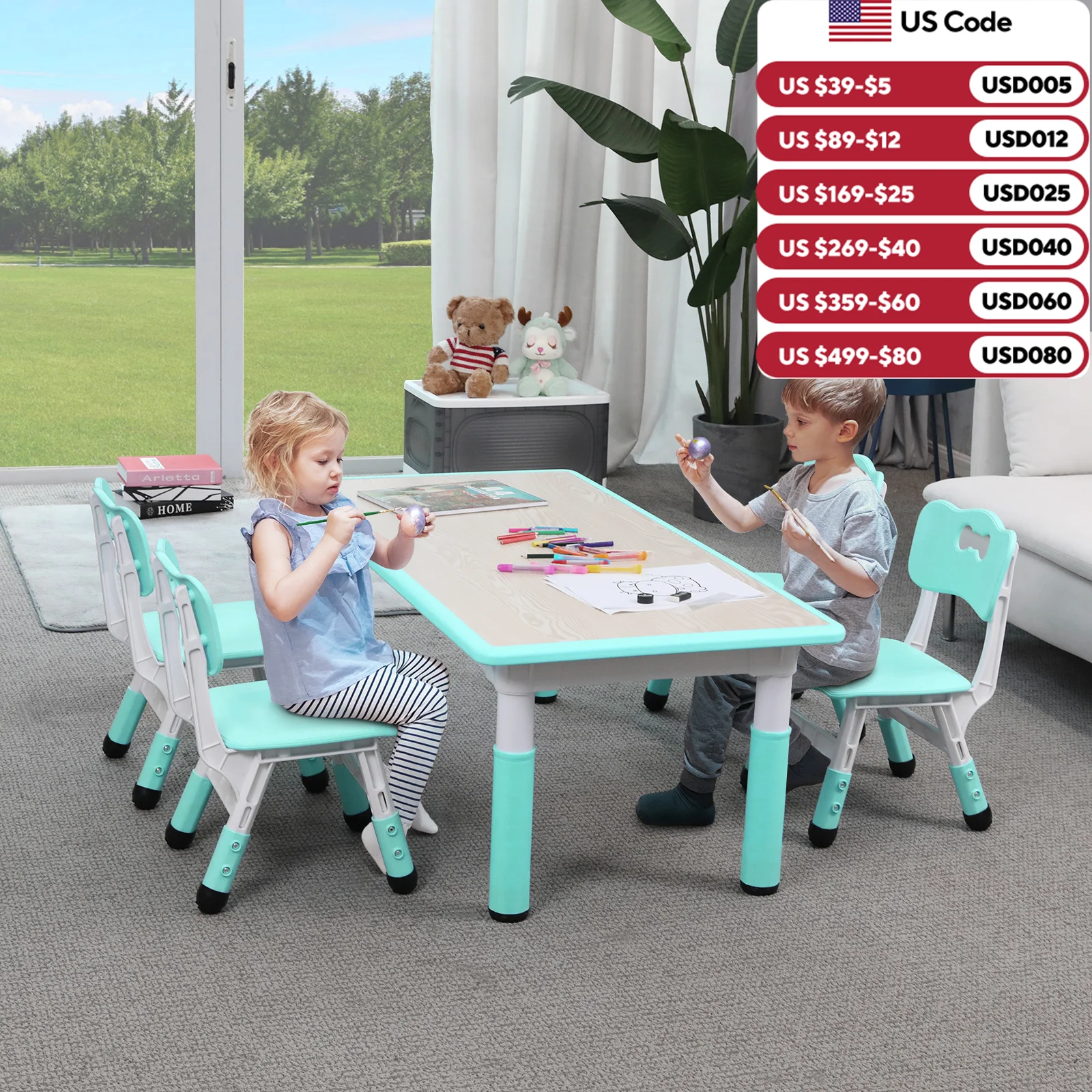 AOOU 47.2‘’ Kid Table and 4 Chairs Set, Height Adjustable Toddler Study Table&Chair Set for Age 2-10, Multi-Activity Art Table