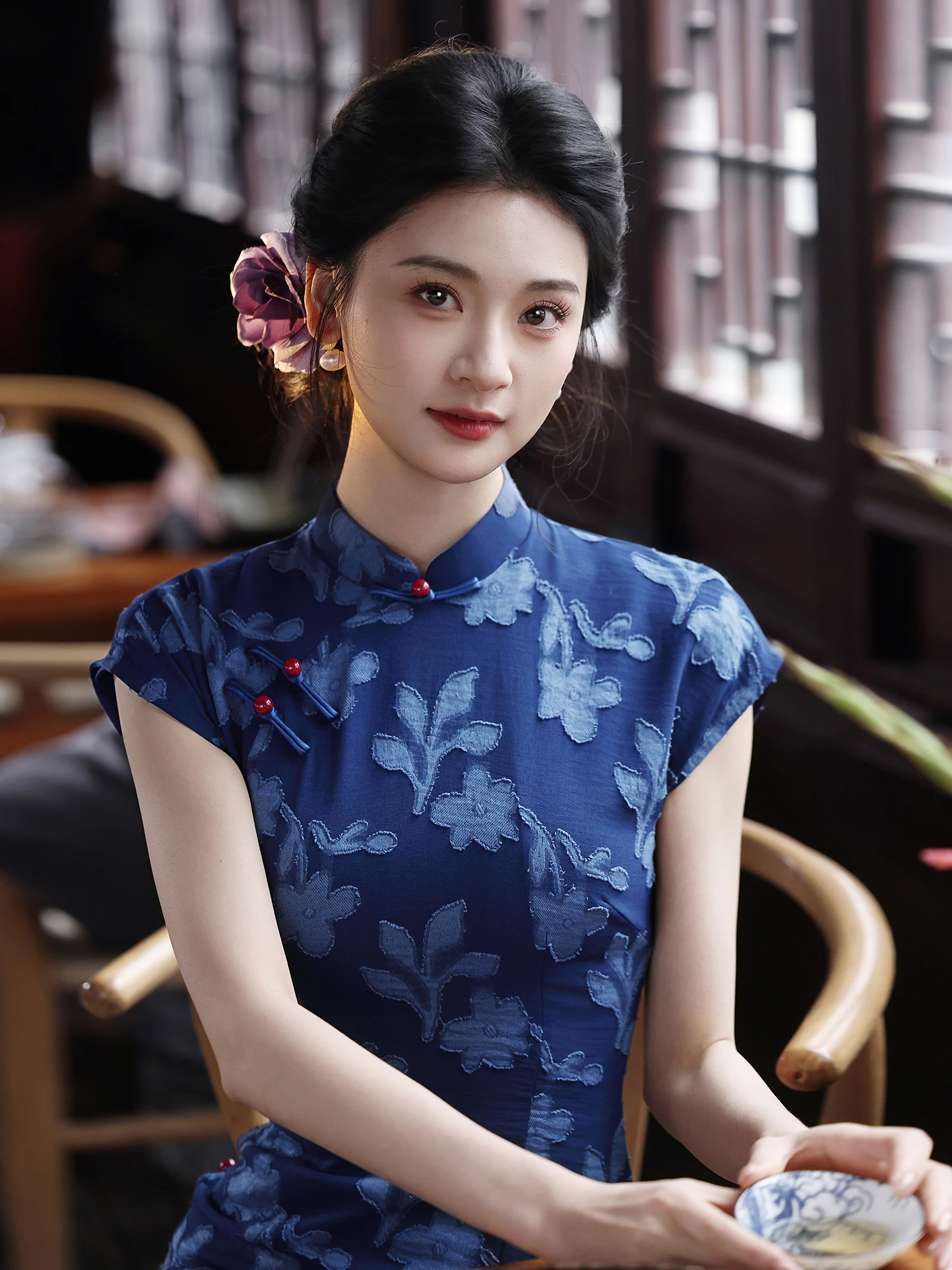 

Retro Republic of China Style Blue Floral Cut Long Qipao Dress New Chinese Style Daily Wear Short Sleeve Full Length Skirt