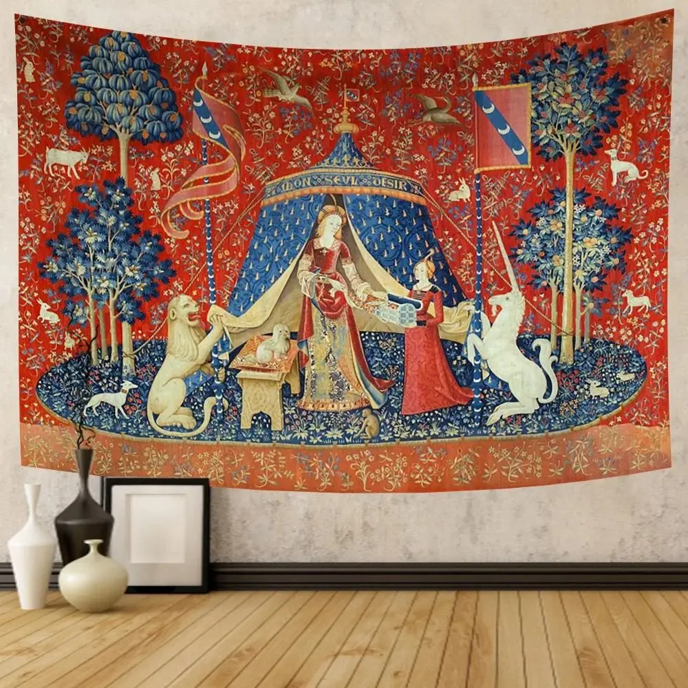 VIKAMA Mittelalterlicher Mythischer Wandteppich Europäisches Klassisches Einhorn- und Löwenmuster Wandbehang für Schlafzimmer Wohnzimmer Dekoration