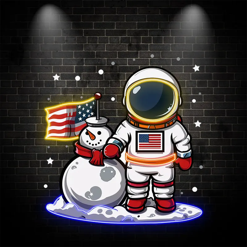 Christmas Astronauts and Snowmen: A Joyful Space neon signs Celebration Decorated with American Flags