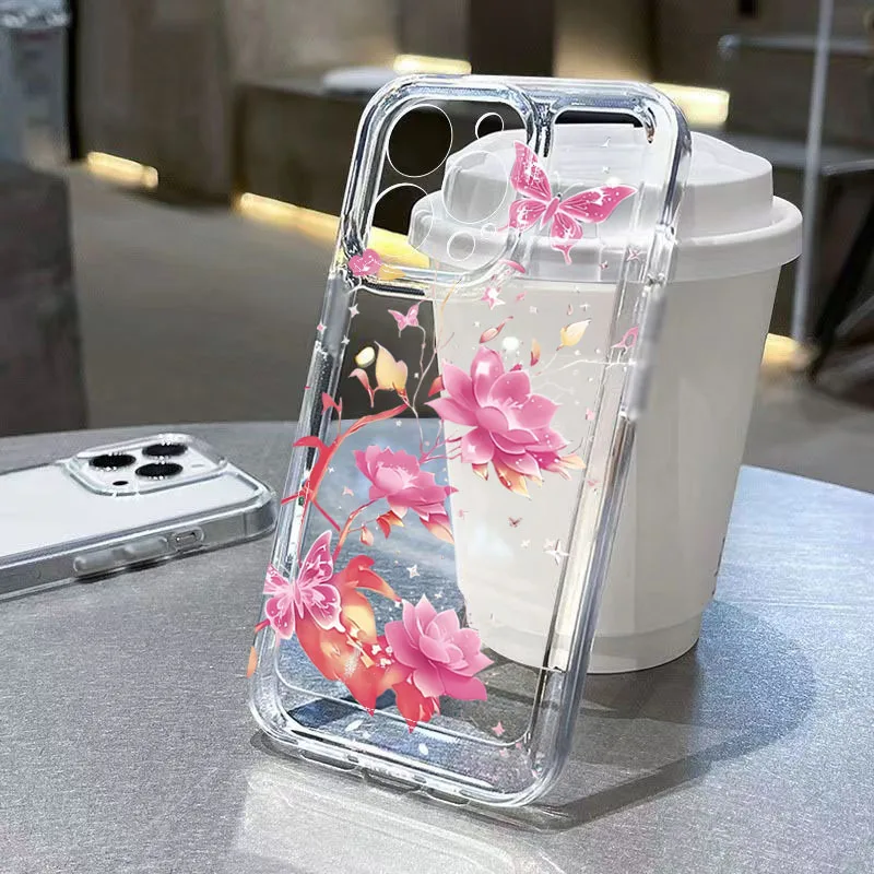 

Pink and Purple Lotus Pattern Clear Phone Case For iPhone 17 11 13 12 15 14 16 Pro Max XS X XR 16E 7 8 Plus Soft Silicone Cover