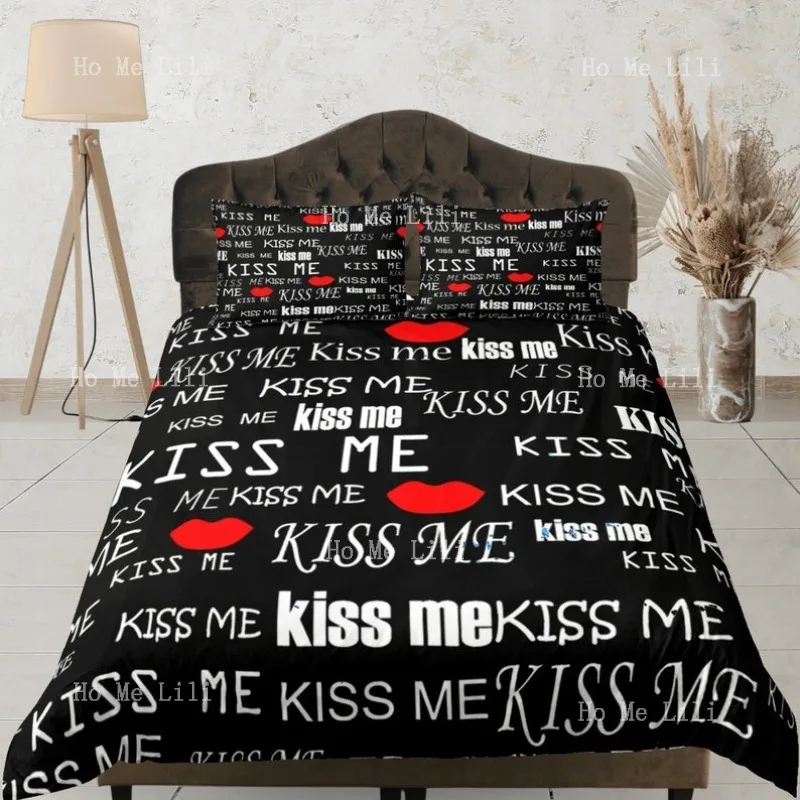 Red Lips Kiss Me пододеяльник черный комплект постельного белья ручной работы