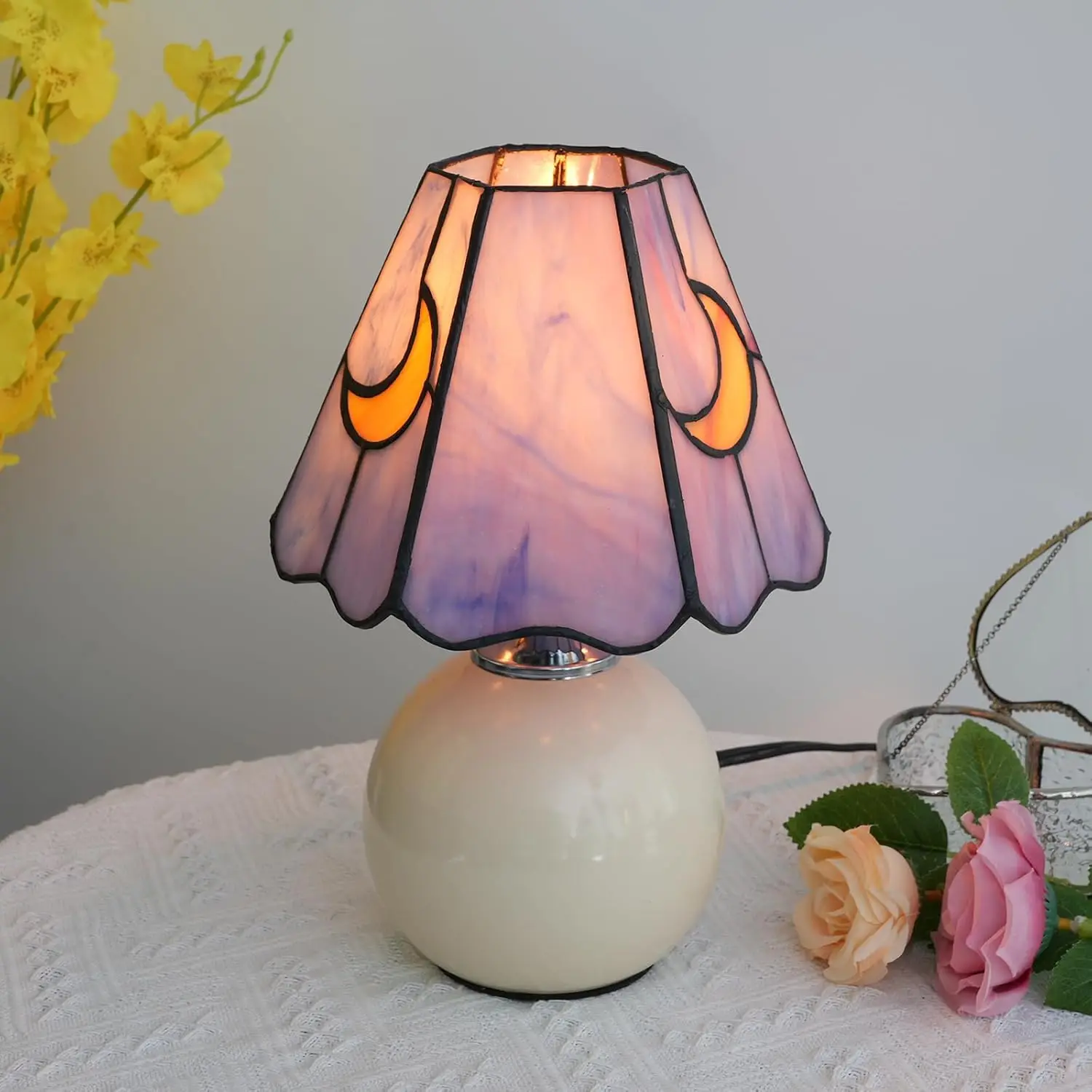 Mushroom Moon Stained Glass Table Lamp, Cute Bedside Night Light for Living Room Decor, Pink Blue Gift