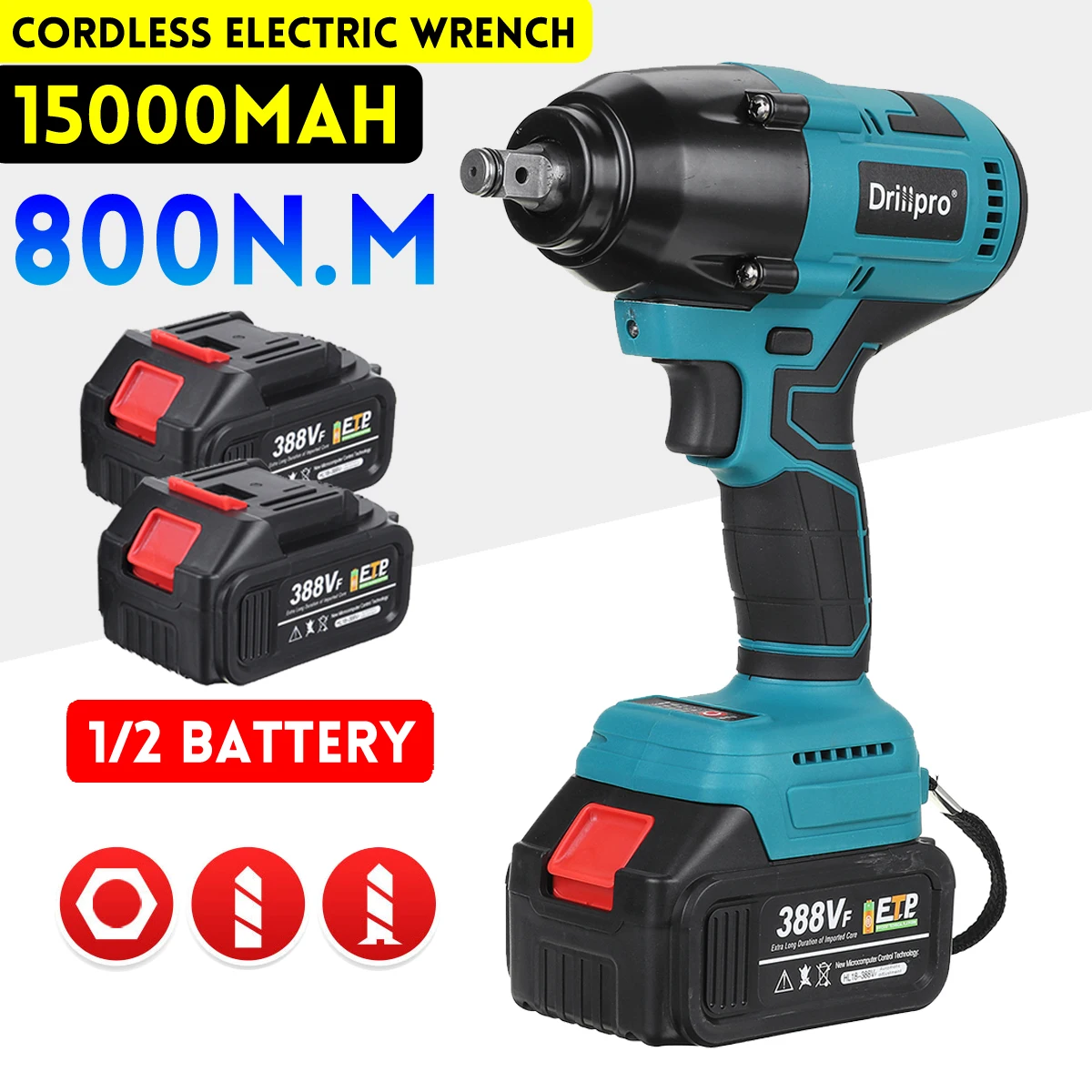 

388vf 800N.M Brushless Cordless Electric Impact Wrench Rechargeable 1/2 inch Wrench Power Tools Compatible Makita 18V Battery