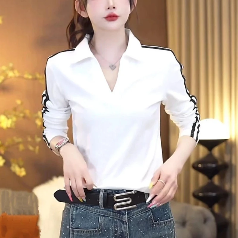 

Винтажные топы в полоску с вырезом поло в стиле пэчворк, весенне-осенние новые универсальные офисные футболки с длинными рукавами, модная повседневная женская одежда