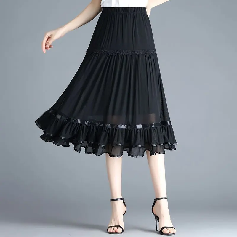 Elegant Vintage Women Mesh Black Midi Skirt Office Lady Fashion New High Waist Koreon Spring Summer Slim Casual Pleated Skirts