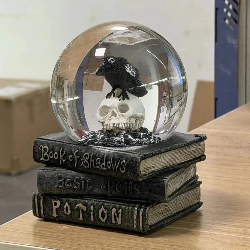 Gothic Crystal Ball Raven Skull Book Snow Globe Statue Halloween Decoration Witchcraft Desk Ornament Home Room Decor Gift
