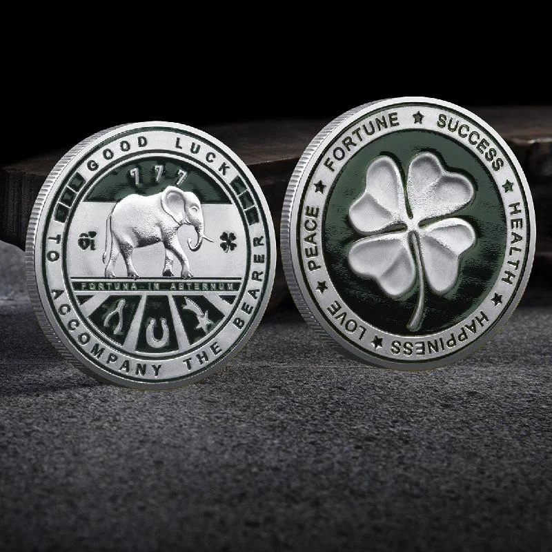 Double Sided Lucky Coin – Four Leaf Elephant Collection – Commemorative Gift For Happiness, Success, Health, And Peace