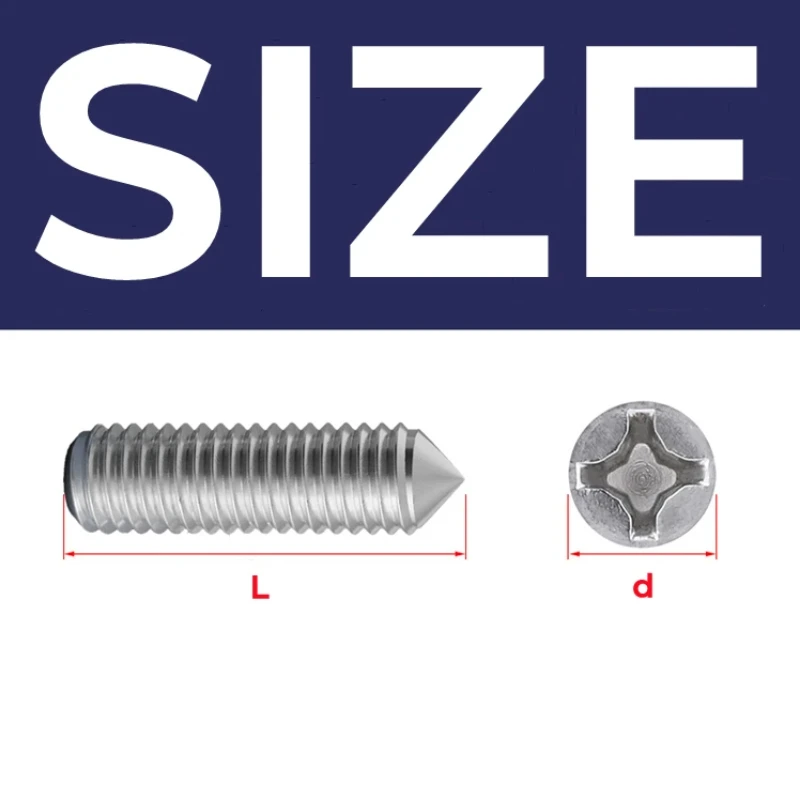 304 Stainless Steel M2 M2.5 M3 M4 Phillips Tapered End Headless Bolts Cross Recessed Cone Point Grub Set Screw