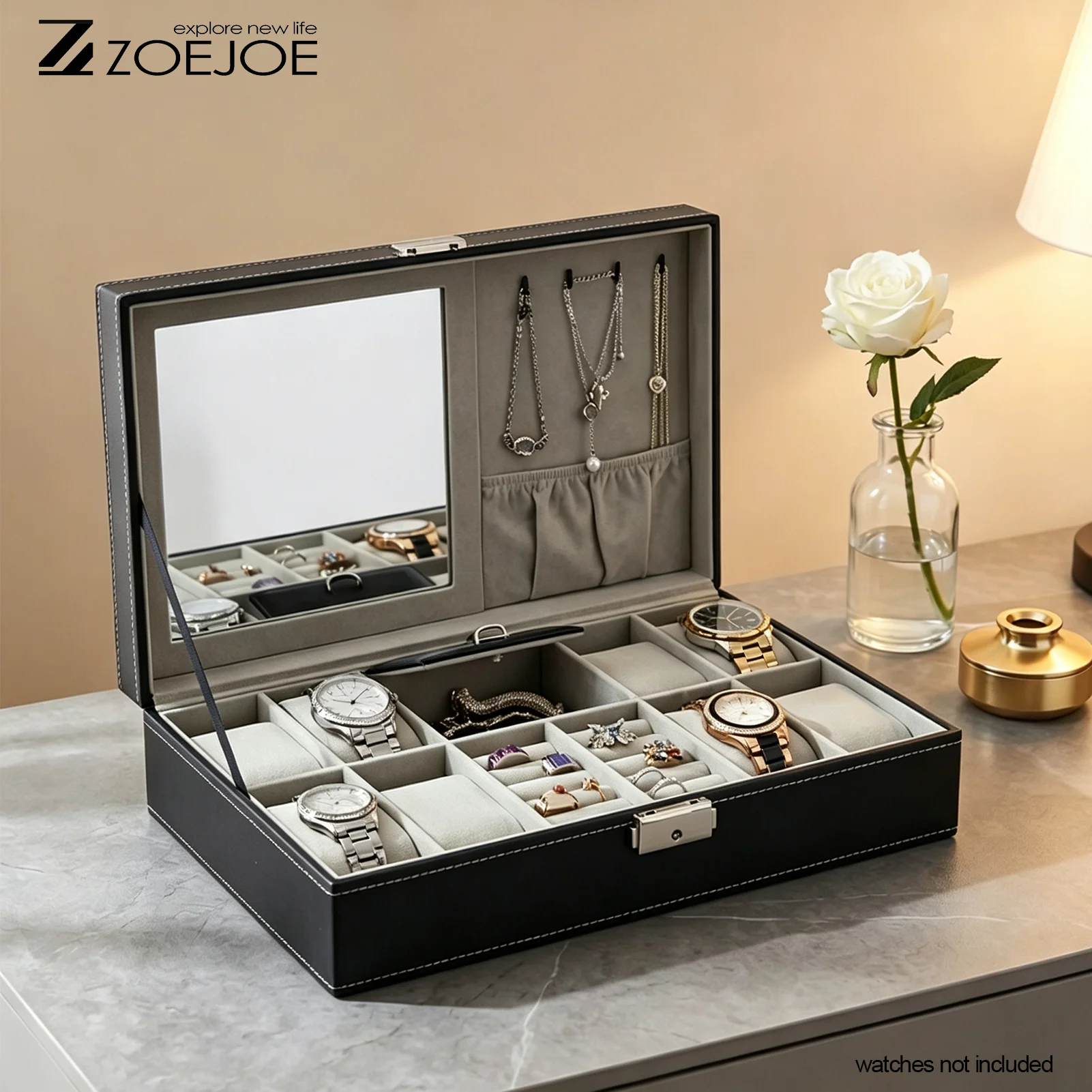 1pc ZOEJOE 4-Slot Watch & Jewelry Box with Mirror - Black PU Leather Multi-Compartment Organizer Suitable for Rings, Necklaces,