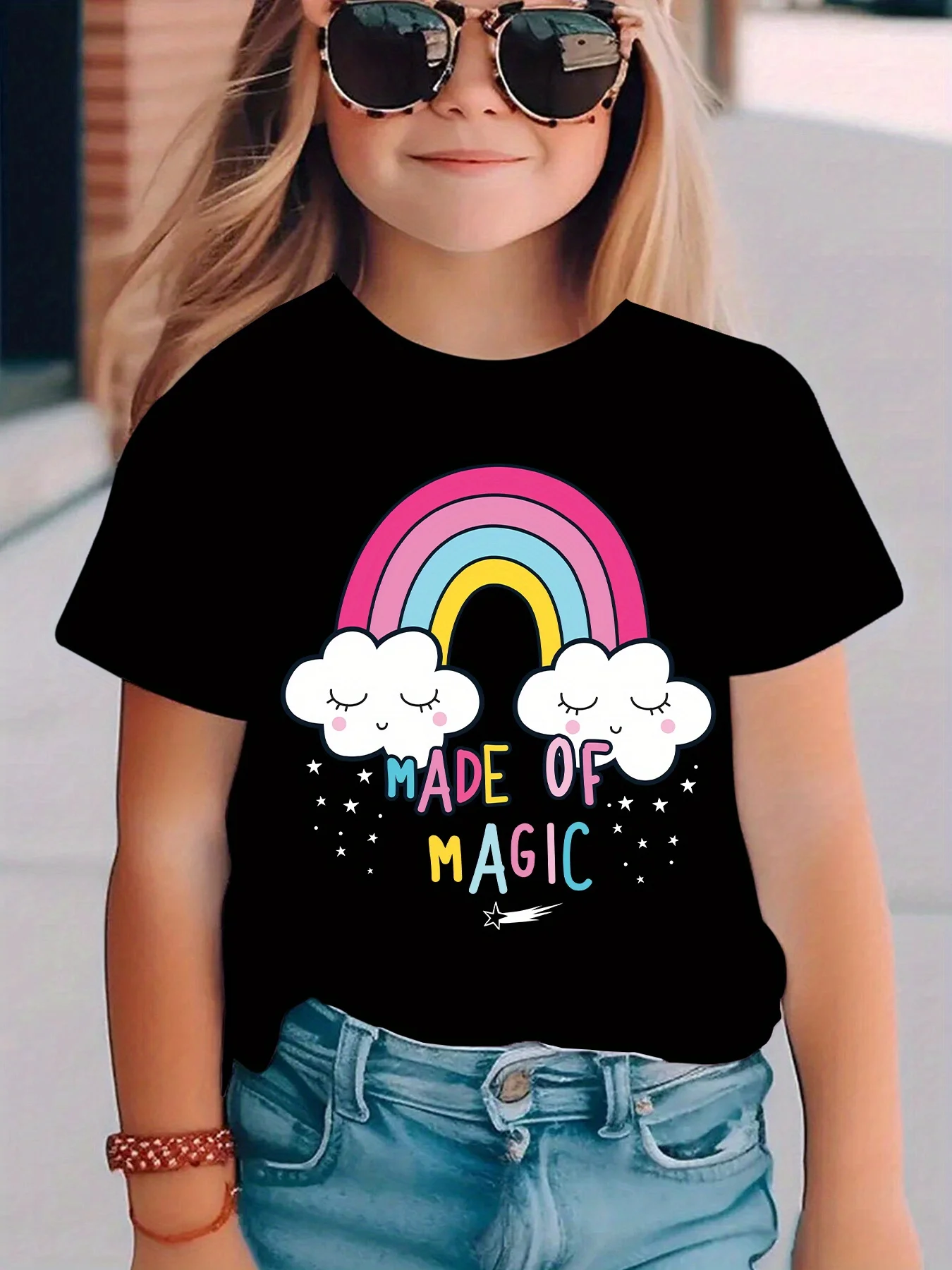 Lovely Rainbow Cloud Magic Letter Kids T Shirt Pattern Tops Boys Girls Parent Child Matching Cotton Summer Children Daily Wear