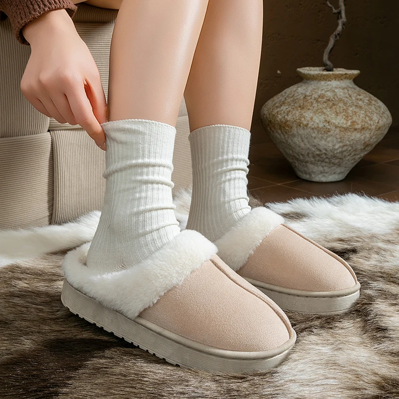 Fashion Fluffy Platform Slippers for Women Men Winter Plush Warm Cotton Shoes Woman Comfort Non Slip Unisex Home Slippers image 5