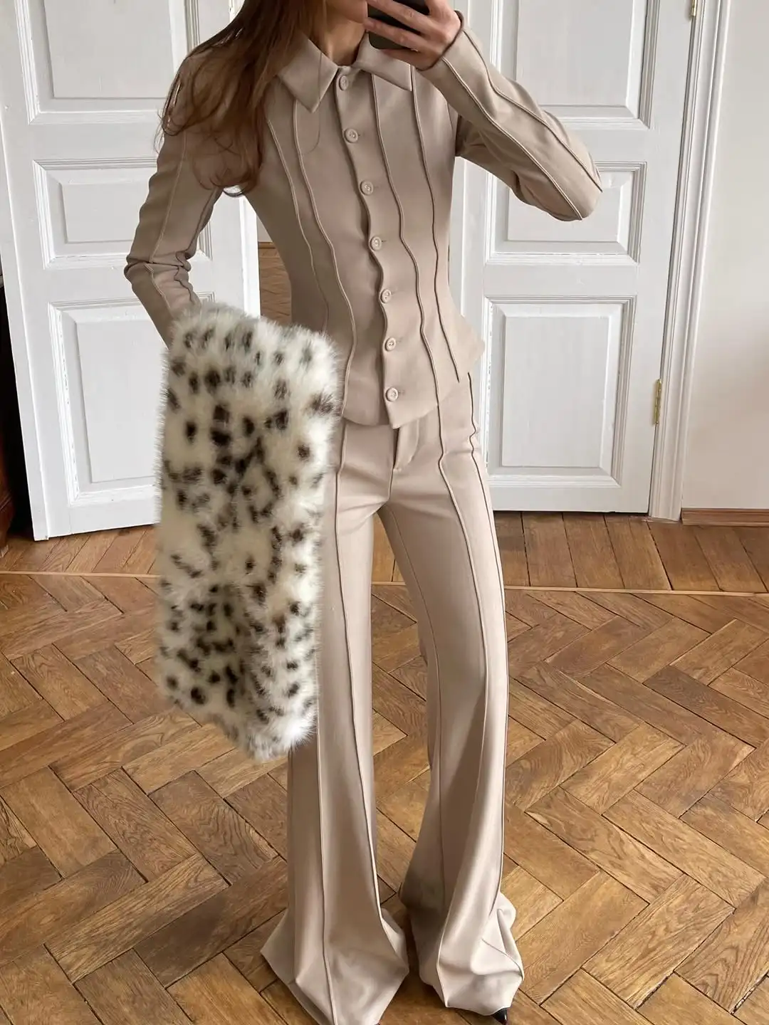 Women's Waist Cinching Vintage Coat Set Casual Lapel Single Breasted Slim Coats Long Flared Trousers Sets 2026 Lady Outfits