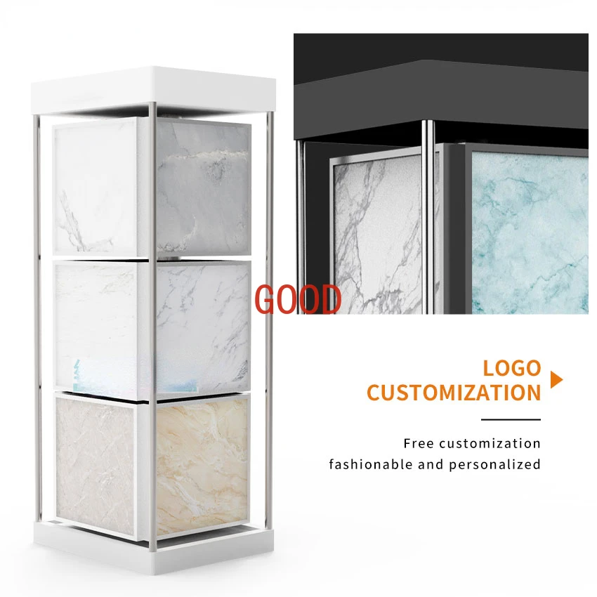 Modern custom 360 degree rotating rock ceramic tile display shelf granite floor type showroom design quartz display rack