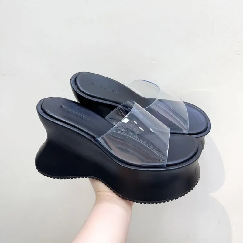 

Модные тапочки на танкетке, летняя уличная женская обувь, модные офисные современные тапочки на толстой подошве, однотонные туфли на высоком каблуке с круглым носком, новинка