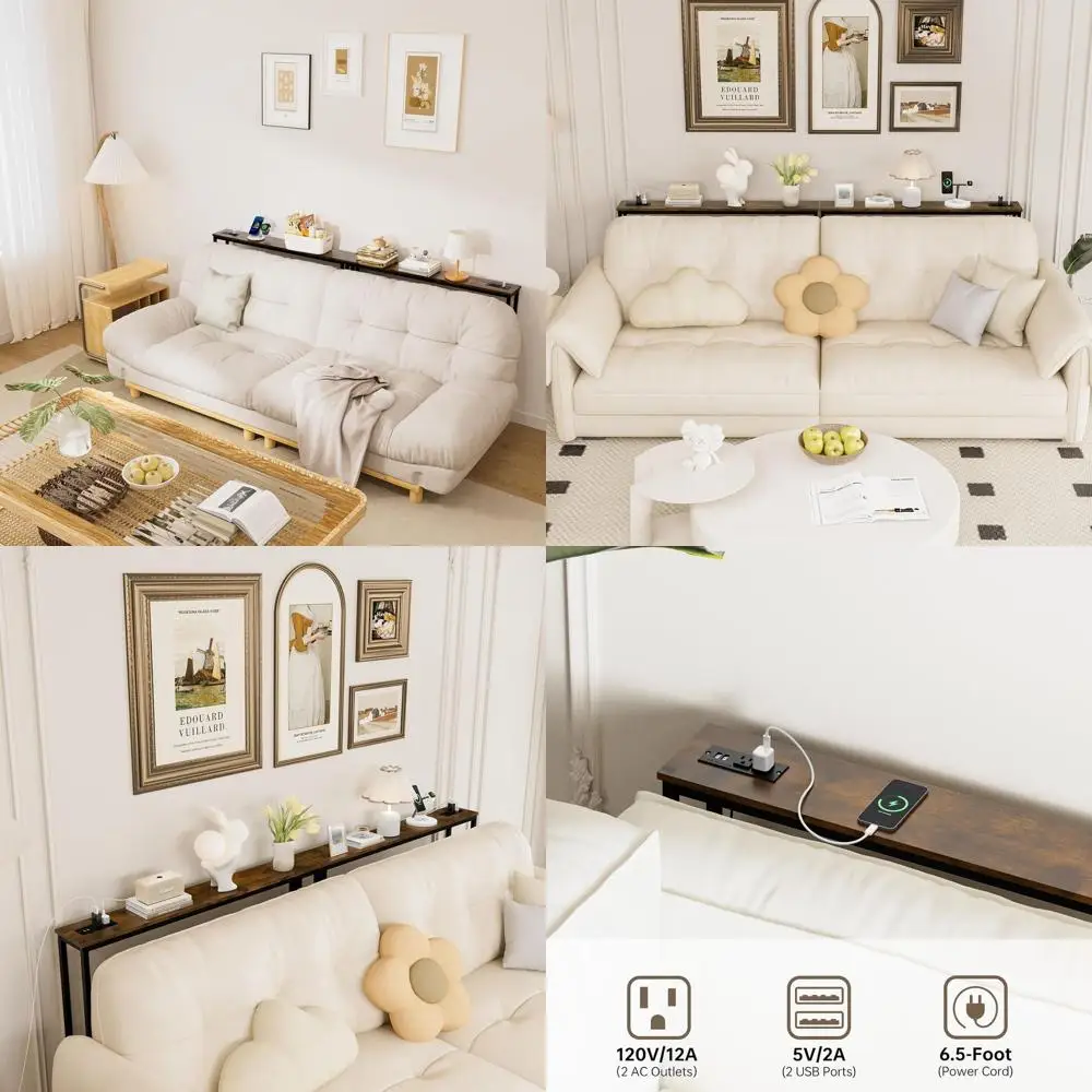 

Rustic Brown Console Table with Power Outlets and Metal Frame, 6.5ft Cord, 5.9D x 78.8W x 31.1H