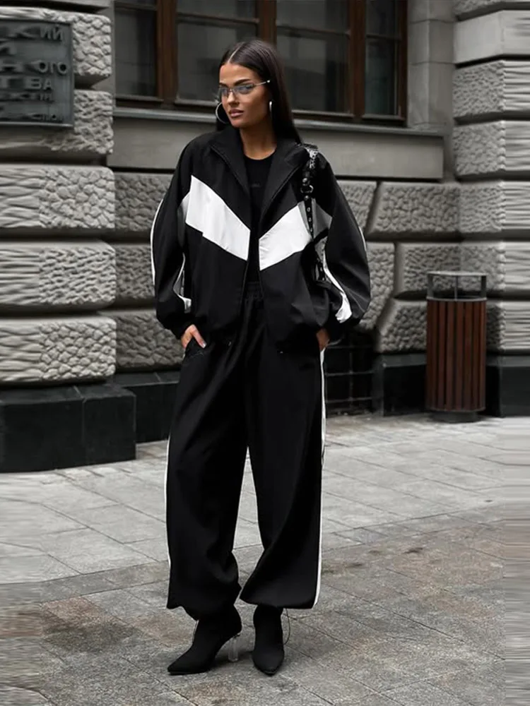 Getäfeltes, langärmliges, übergroßes Oberteil, Hosen-Sets für Damen, Streetwear, Laternenärmel, Reißverschluss, lockerer Mantel, Hose mit weitem Bein, modische Sportbekleidung – Detail 8